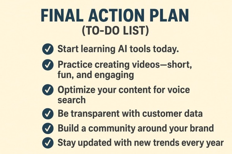 Graphic to-do list with six action points including learning AI tools, creating videos, optimizing for voice search, data transparency, building community, and staying updated.
