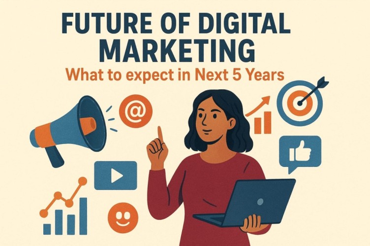 Illustration of a young professional with a laptop surrounded by digital marketing icons like analytics, email, and social media, representing the future of digital marketing.
