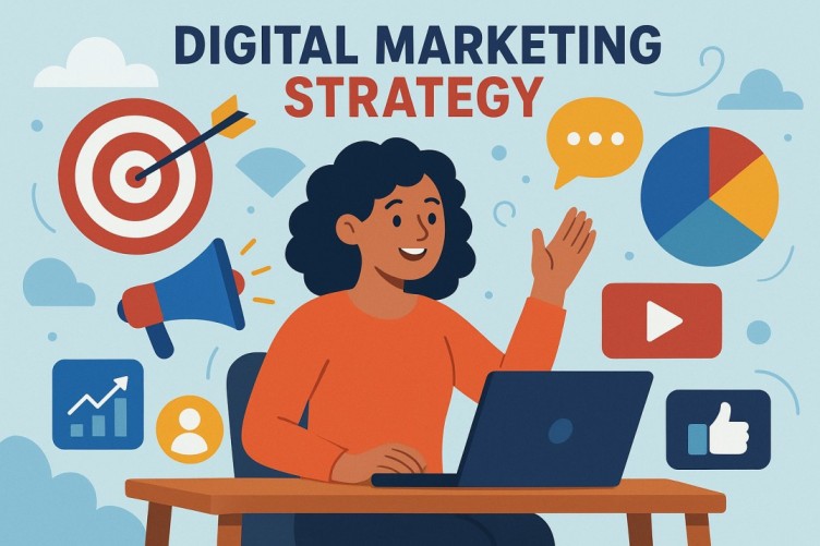 Illustration of a marketer working on a laptop surrounded by digital marketing icons.