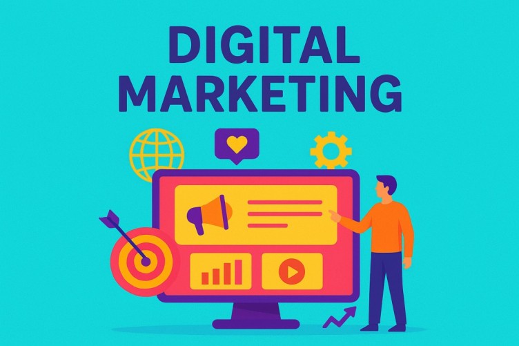 Illustration showing digital marketing concepts like social media, ads, analytics, and online growth.