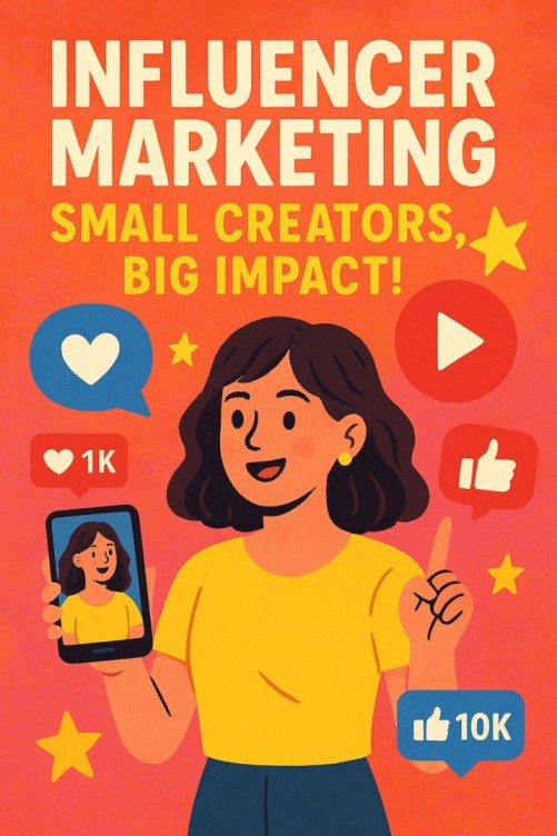 Illustration of a young woman holding a phone and pointing upward, surrounded by social media icons like likes, hearts, and play buttons, with the headline “Influencer Marketing – Small Creators, Big Impact!”