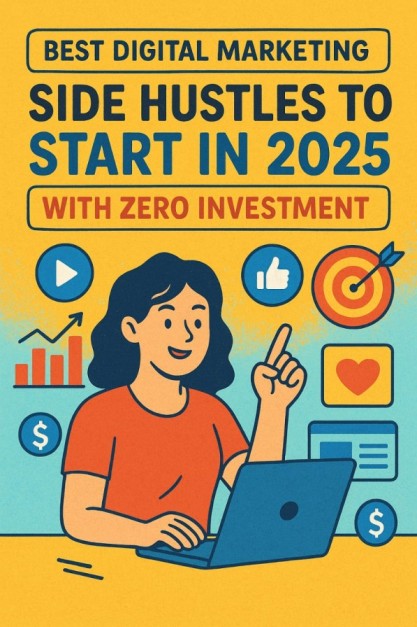 Illustration of a woman working on a laptop surrounded by digital icons, highlighting the best digital marketing side hustles to start in 2025 with zero investment.