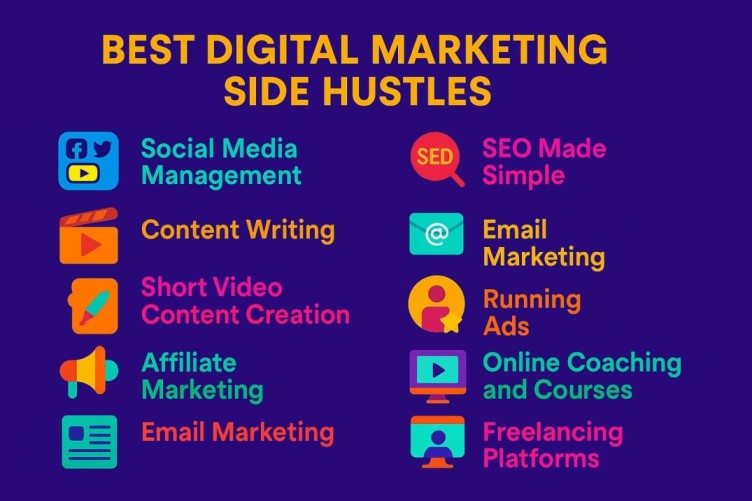Infographic showing the top 10 digital marketing side hustles in 2025, including social media management, content writing, video creation, affiliate marketing, SEO, email marketing, ads, influencer marketing, online coaching, and freelancing.
