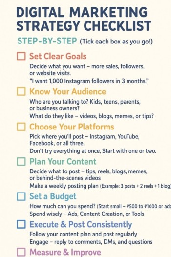 Step-by-step digital marketing strategy checklist with colorful tick boxes for easy planning.