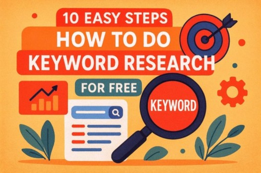 Illustration showing “10 Easy Steps How to Do Keyword Research for Free” with icons of a magnifying glass, search results, growth chart, and target symbol.