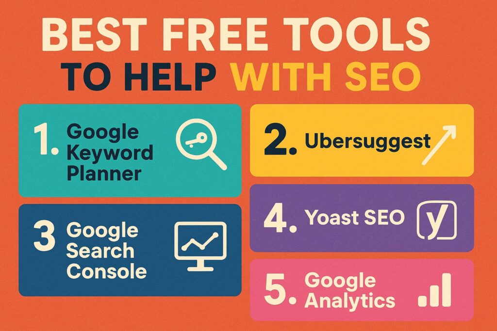 Colorful infographic listing the 5 best free tools to help with SEO: Google Keyword Planner, Ubersuggest, Google Search Console, Yoast SEO, and Google Analytics.