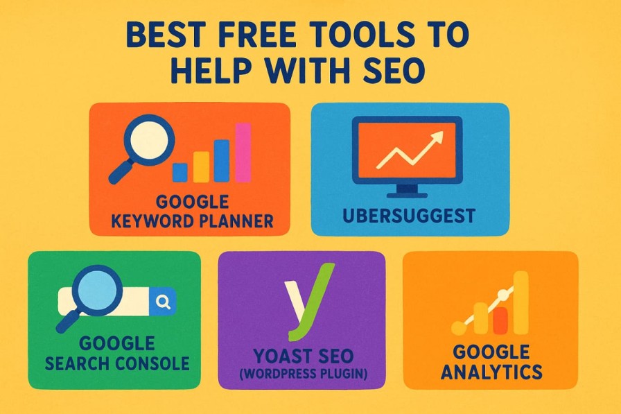 Vibrant infographic highlighting the best free SEO tools including Google Keyword Planner, Ubersuggest, Google Search Console, Yoast SEO, and Google Analytics.