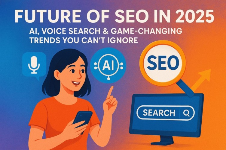 Illustration showing the future of SEO in 2025 with AI, voice search, and SEO icons, featuring a woman holding a phone and pointing toward digital trends.  