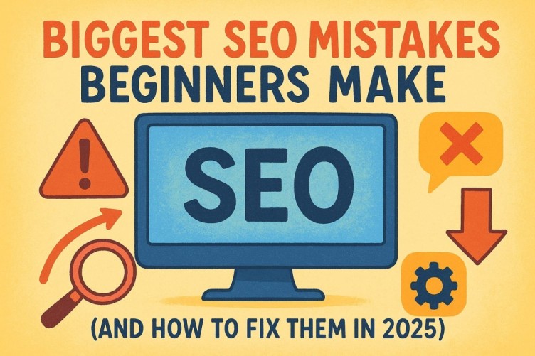 Colorful illustration showing “Biggest SEO Mistakes Beginners Make” with SEO symbols like a magnifying glass, caution sign, and gear on a bright background.