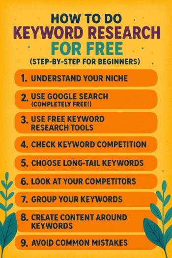Colorful infographic titled "How to Do Keyword Research for Free – Step by Step for Beginners," listing clear steps with vibrant orange highlights and decorative leaves.