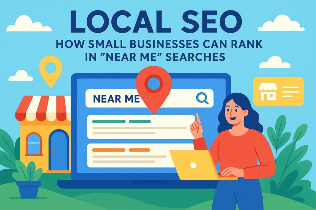 Illustration of a woman using a laptop with a "Near Me" search on a screen, symbolizing local SEO for small businesses.