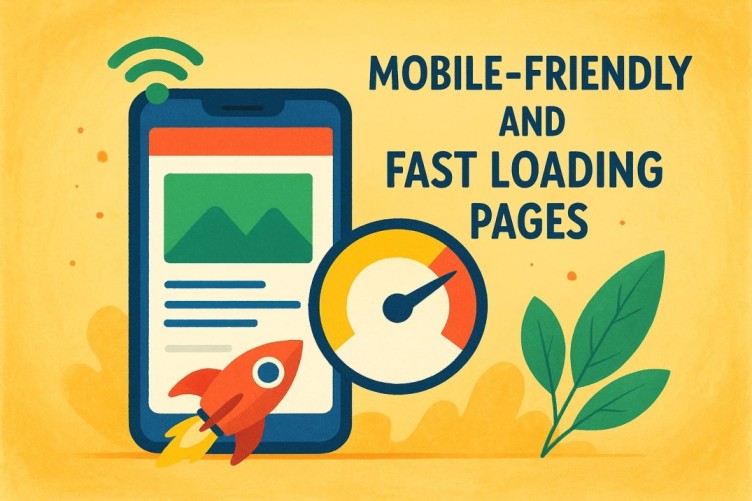 Illustration of a smartphone with speed and rocket icons showing mobile-friendly and fast loading pages.