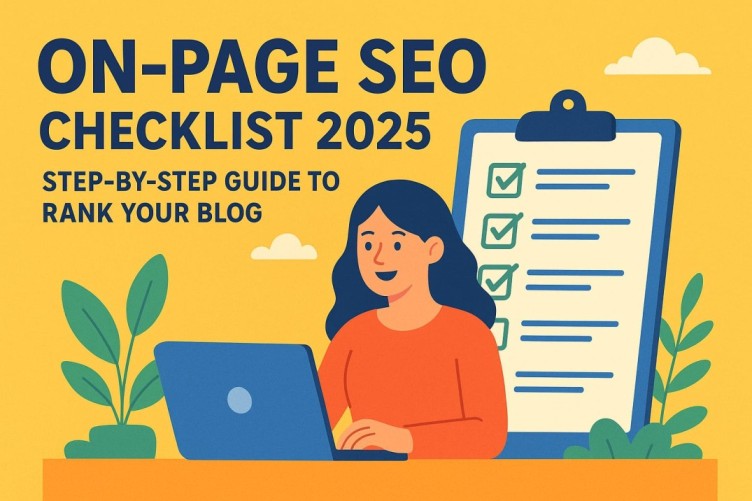 Illustration of a woman working on a laptop with a checklist in the background, symbolizing an On-page SEO Checklist 2025 .