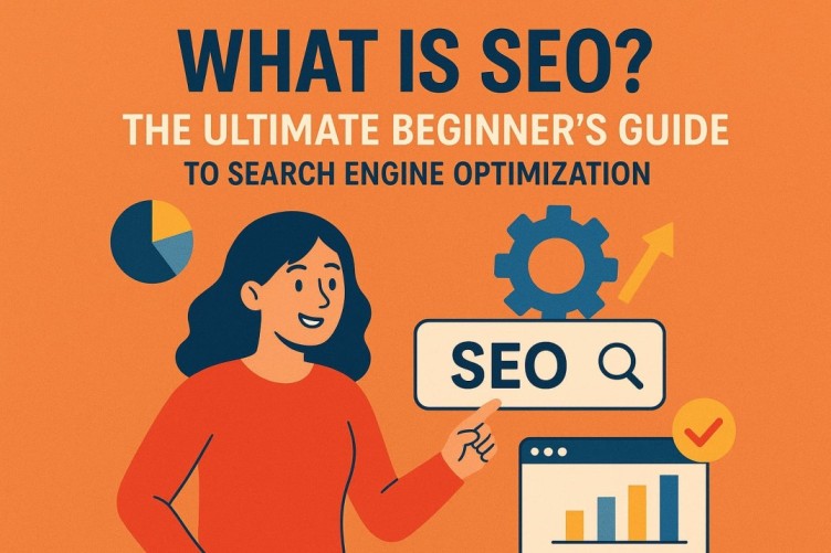 A vibrant flat illustration showing a woman pointing at the word SEO with charts, graphs, and optimization icons, representing a beginner’s guide to search engine optimization.