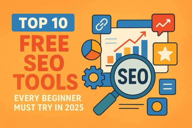 Vibrant illustration showing “Top 10 Free SEO Tools Every Beginner Must Try in 2025” with colorful icons of graphs, magnifying glass, charts, and gears on an orange background.