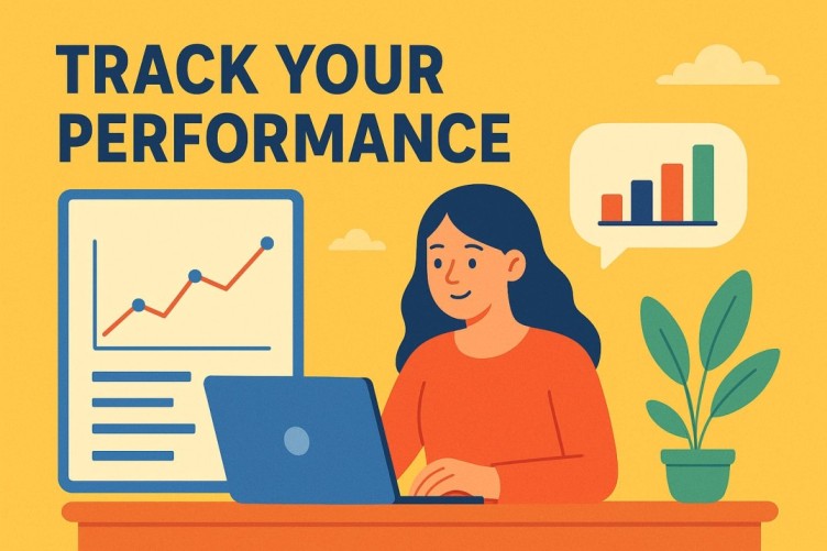 Illustration of a woman working on a laptop with performance charts and graphs around her.