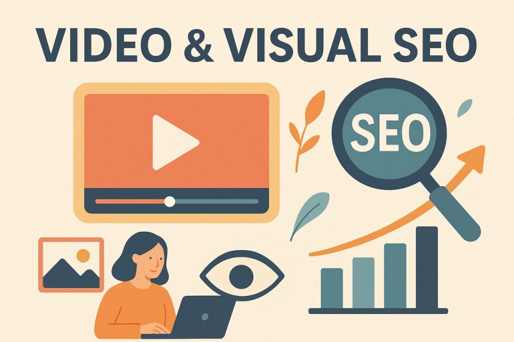 Illustration of video and visual SEO concept with play button, magnifying glass, analytics graph, and person using a laptop.