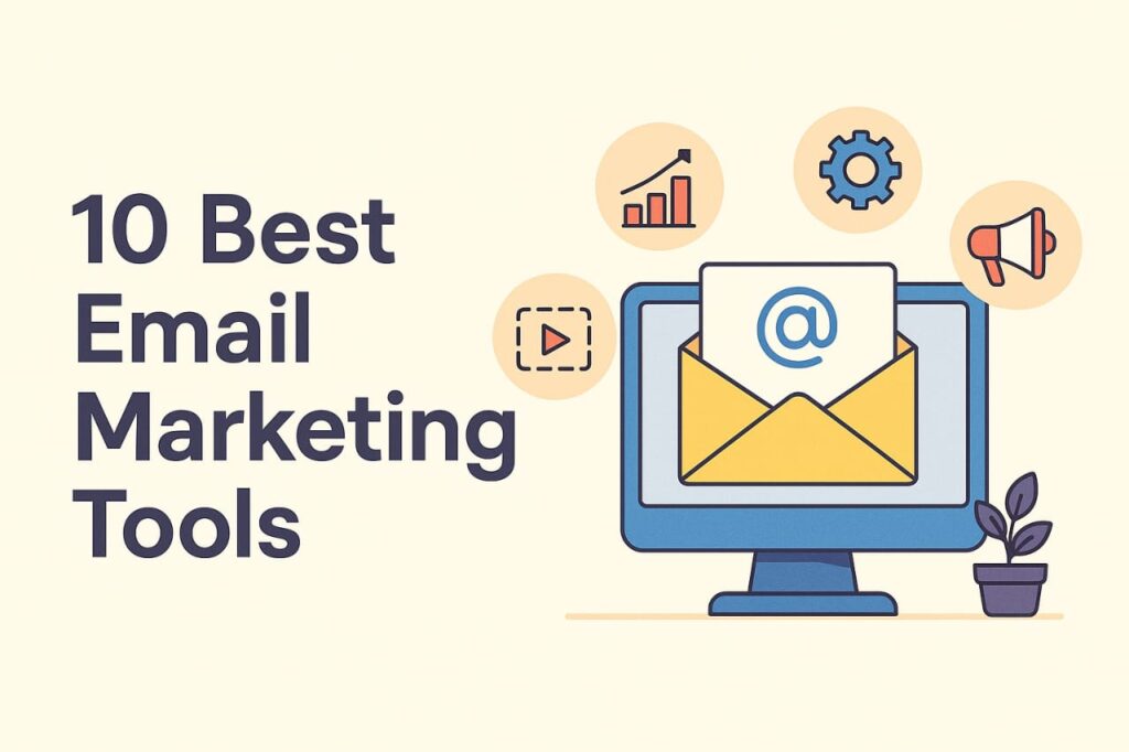  A creative illustration showing a computer screen with an email icon, marketing symbols, and the text “10 Best Email Marketing Tools” on a light background.