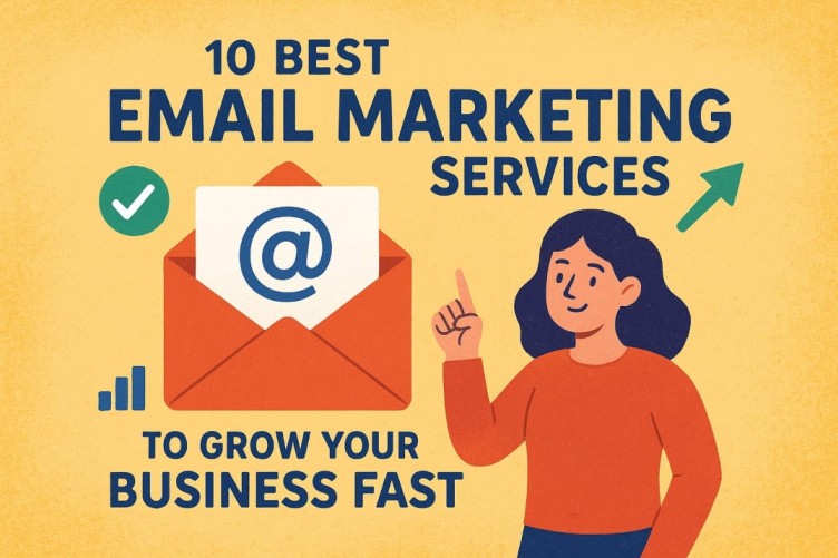 Illustration of a woman pointing towards an email icon with text highlighting the best email marketing services to grow your business fast.