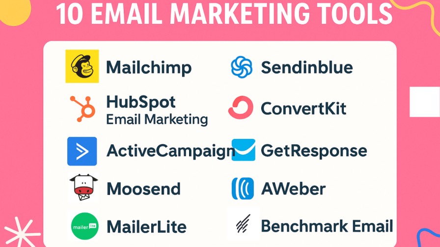 Top 10 Email Marketing Tools for Businesses featuring popular platforms like Mailchimp, HubSpot, ConvertKit, and more on a bright, modern pink background.