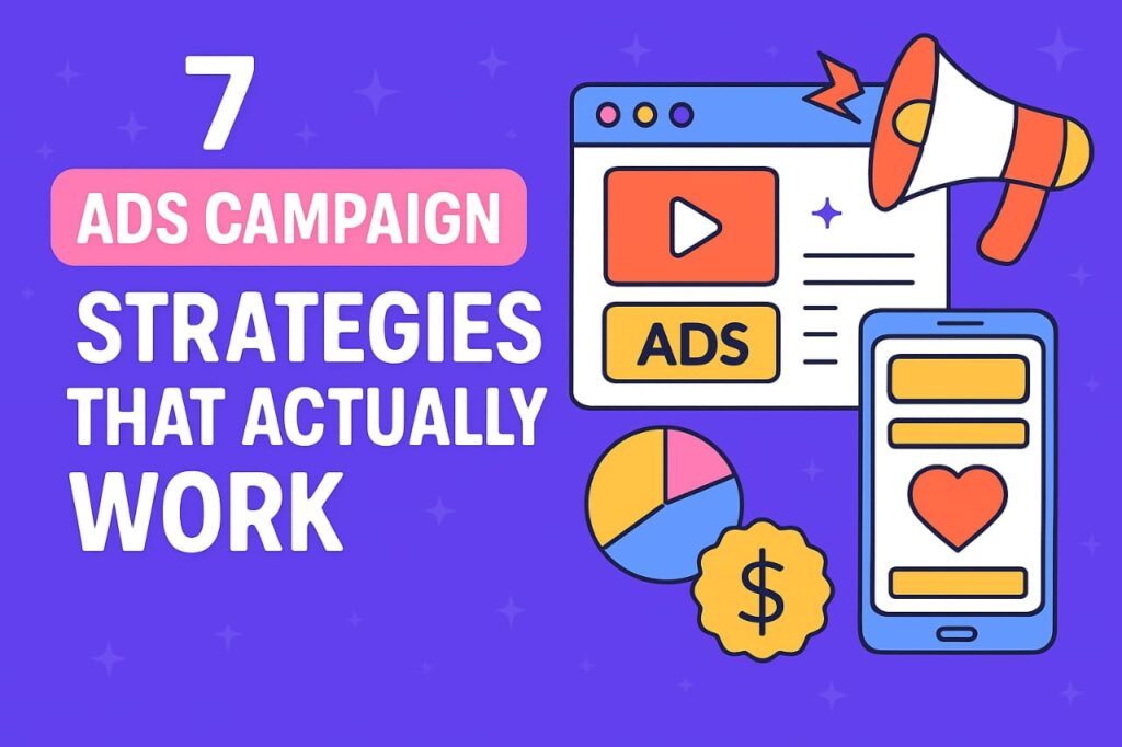 Creative illustration showing ads campaigns, mobile marketing, and strategies for digital advertising in 2025.