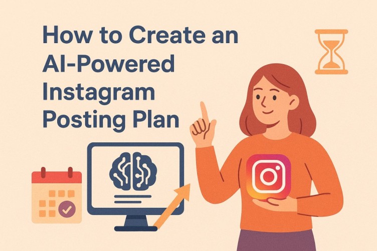 Woman holding Instagram logo beside a computer screen showing an AI brain icon, representing how to create an AI-powered Instagram posting plan for better social media growth.