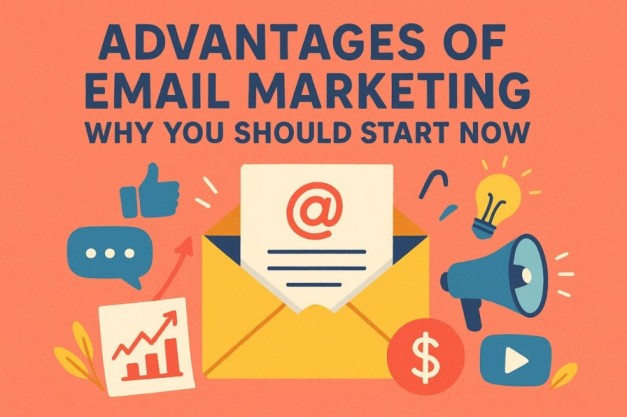 Colorful illustration of an envelope with email symbols, growth chart, light bulb, and megaphone representing the advantages of email marketing.