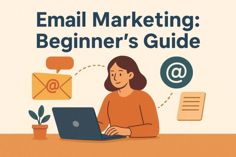A young woman sitting at a desk using her laptop with floating email icons, representing an email marketing beginner learning the basics.
