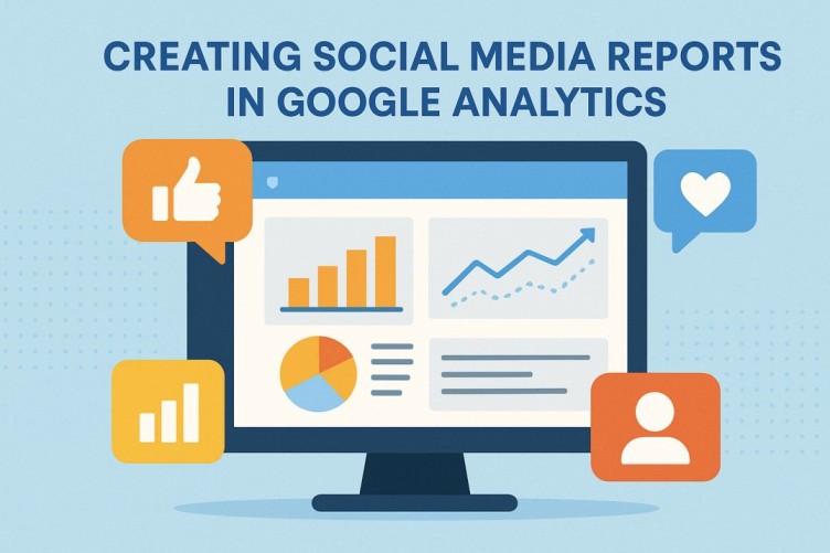 Flat illustration of a computer monitor displaying Google Analytics social media reports with charts, graphs, and engagement icons.