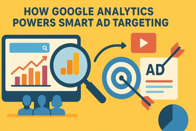 A vibrant digital illustration showing how Google Analytics drives smart ad targeting with charts, data insights, and a target symbol hit by arrows.
