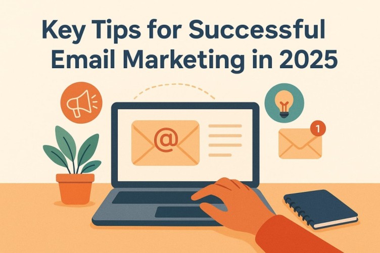 A person working on a laptop surrounded by email icons, showing modern email marketing tips for 2025.