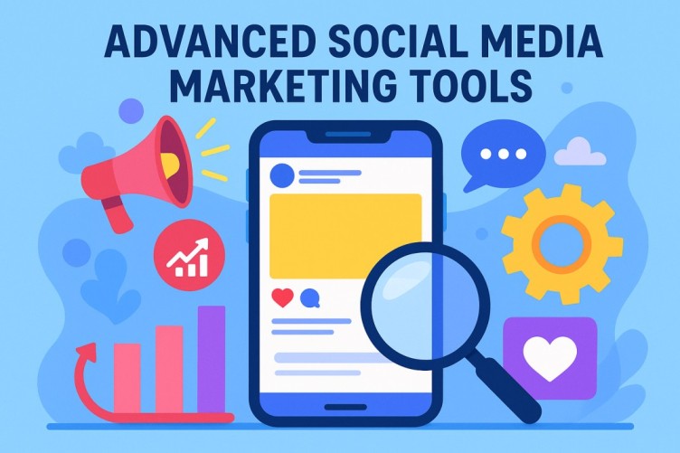 A vibrant digital illustration showcasing advanced social media marketing tools with icons like a smartphone, megaphone, graphs, and gears representing engagement, analytics, and automation.