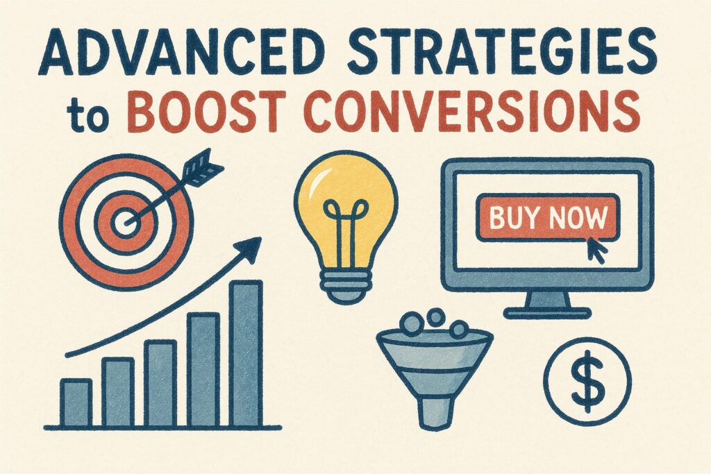 digital illustration showing advanced strategies to boost conversions, including growth charts, a target, a lightbulb, and a “Buy Now” button.

