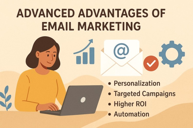 Woman working on a laptop with icons representing personalization, automation, and ROI benefits of email marketing