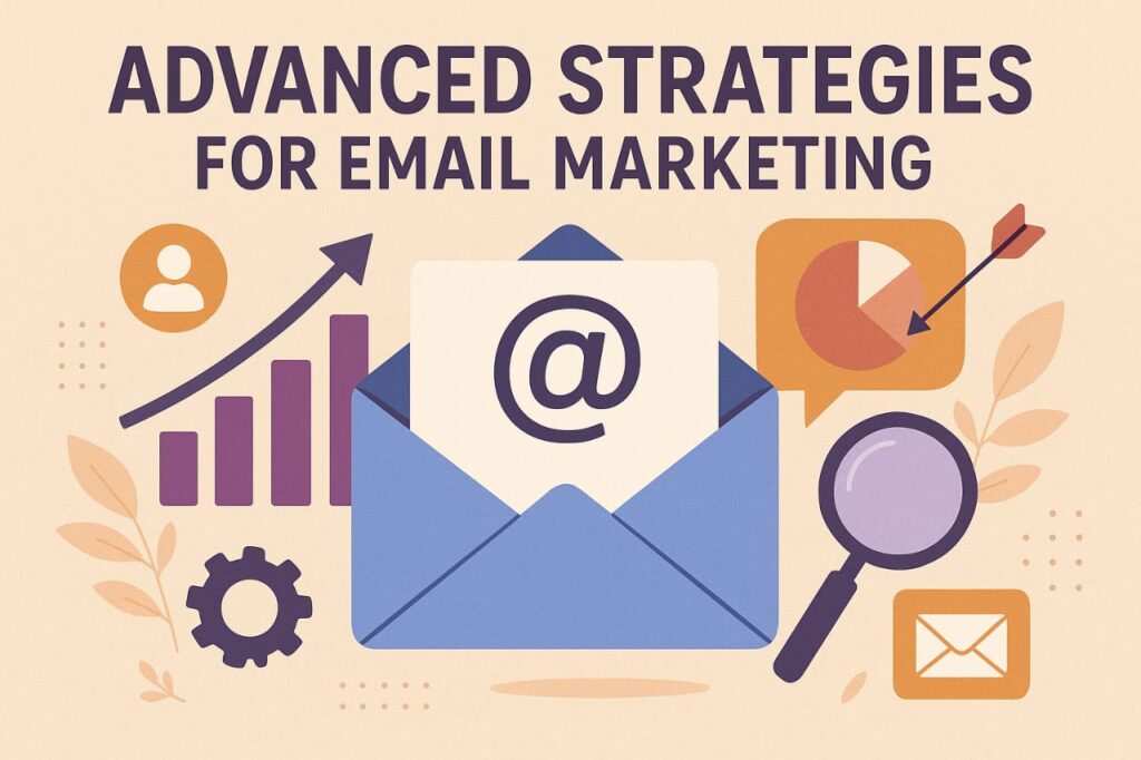 A colorful digital illustration showing advanced email marketing strategies with icons like an envelope, bar chart, magnifying glass, and pie chart on a pastel background.