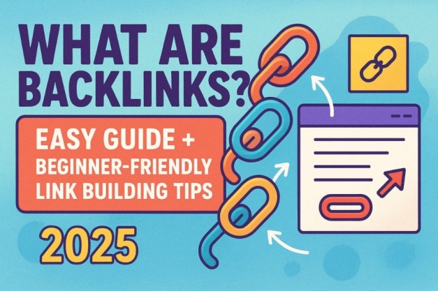 Illustration showing backlinks concept with colorful chain links and a web page icon, highlighting an easy guide and beginner-friendly link building tips for 2025.