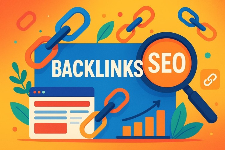 Colorful illustration showing SEO backlinks concept with chain links, a magnifying glass, and growth chart.