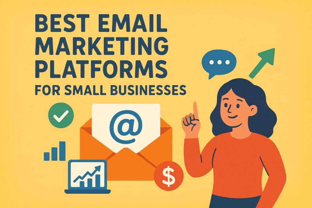 Illustration showing a woman beside an envelope with the email symbol, representing the best email marketing platforms for small businesses.