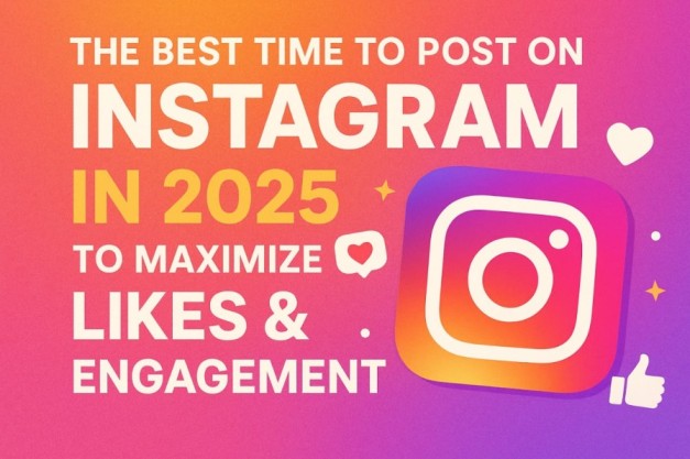 Colorful infographic showing “The Best Time to Post on Instagram in 2025” with a vibrant gradient background and Instagram icons for likes and engagement.