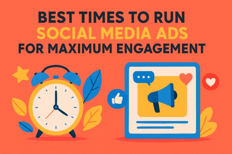 A vibrant flat-design illustration showing a clock and social media ad icons, symbolizing the best times to run social media ads for maximum engagement.
