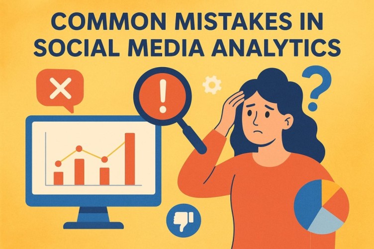 A worried marketer analyzing social media analytics with charts, graphs, and warning signs representing common mistakes in data tracking.