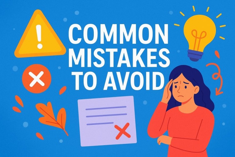 Illustration showing common mistakes to avoid with warning signs, lightbulb idea icon, and a thoughtful woman.
