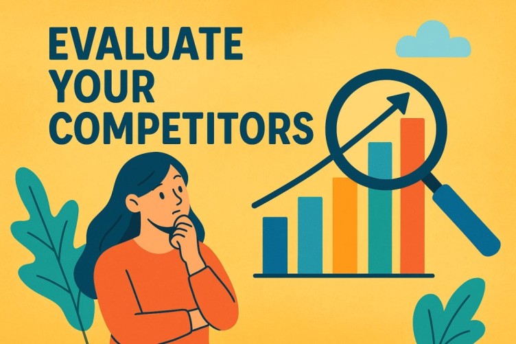 Illustration of a woman analyzing competitor growth with charts and magnifying glass under the text “Evaluate Your Competitors.”
