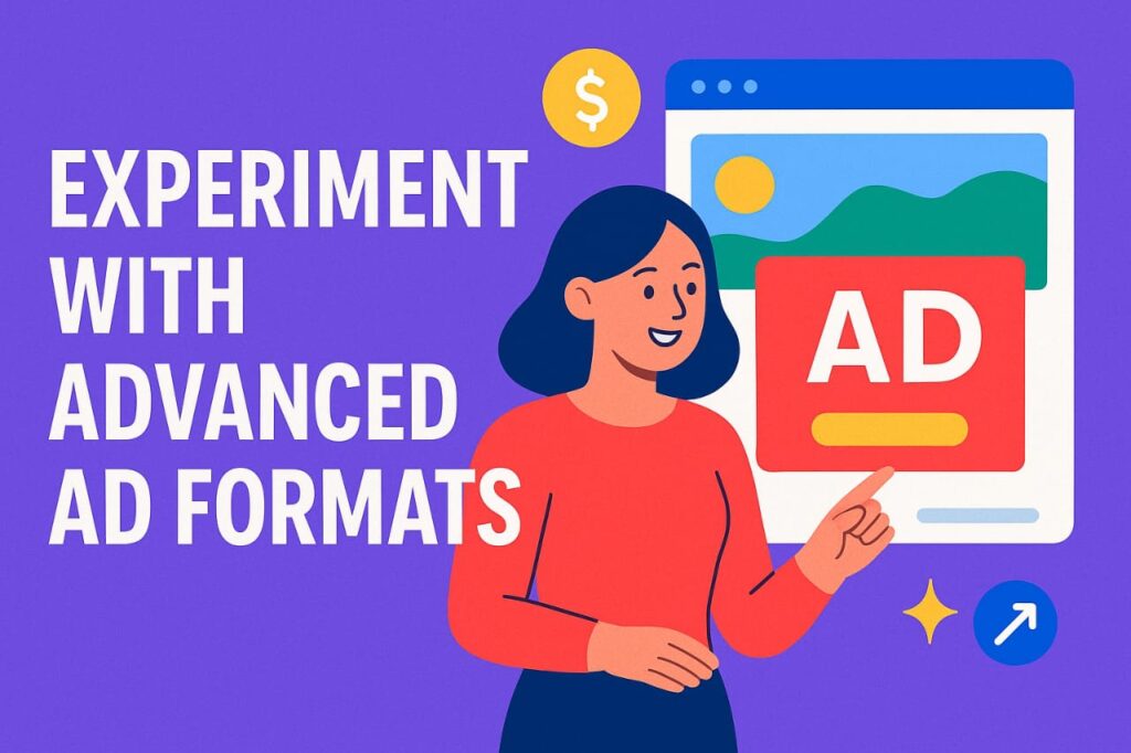A marketer experimenting with advanced digital ad formats on a vibrant purple background with creative ad visuals.
