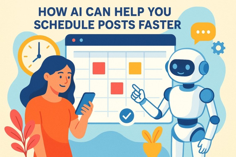 A cheerful woman using her phone while a friendly AI robot helps organize colorful posts on a digital calendar, symbolizing how AI speeds up social media scheduling.