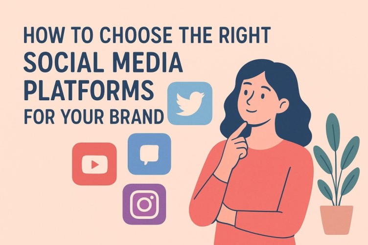 A woman thoughtfully choosing the best social media platforms for her brand, surrounded by icons of YouTube, Twitter, and Instagram on a peach background.