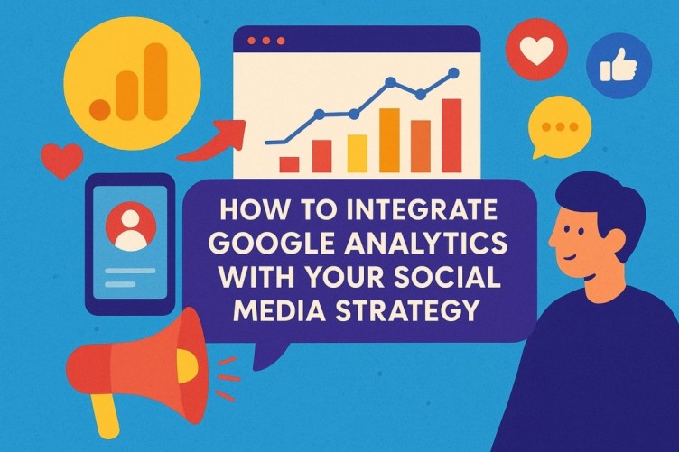 Vibrant flat illustration showing Google Analytics dashboard, social media icons, and a marketer discussing how to connect analytics with a social media strategy.