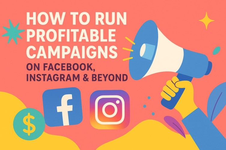 Colorful illustration showing how to run profitable social media ads campaigns with Facebook and Instagram icons, a megaphone, and money symbol.