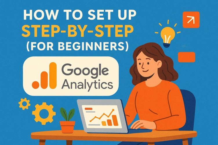 Illustration of a woman setting up Google Analytics on her laptop with charts and icons, guiding beginners through the process step by step.