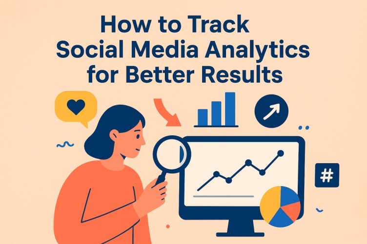 A woman analyzing social media data on a computer screen with charts, graphs, and hashtags, representing how to track social media analytics effectively.